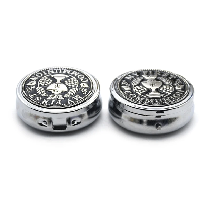 Round Mental Jewelry Box Cosmetic for Case Ring Earring Storage with Holy Communions Print Picture Female Wome