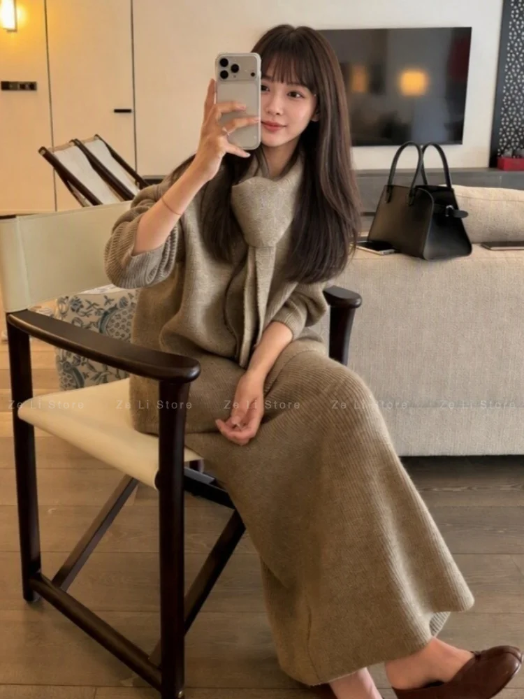 2026 New Casual Age-reducing Lazy Style V-neck Knitted Sweater Women's Autumn High-waisted Skirt Shawl Three-piece Set