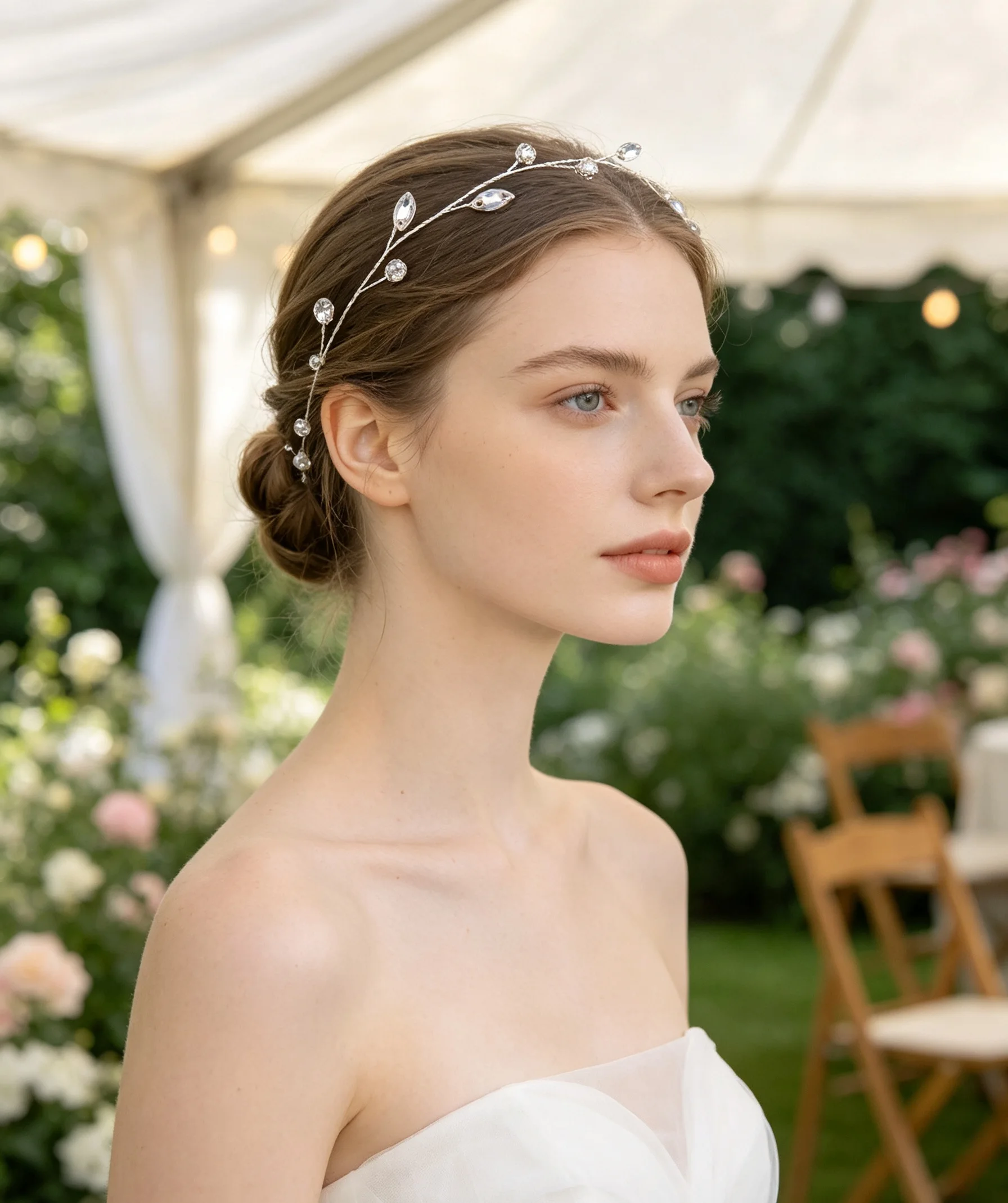 1 Piece of Vintage Heavy-Duty Silver Thread Branch-Leaf Crystal Headband with Marquise-Cut Teardrop Zircon Wrapped Around the Branch Design, Elegant Bridal Wedding Accessory