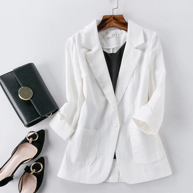 Cotton Linen Blazer Jacket Women Button Notched Blazer Suits Three Quarter Sleeve Top Summer Outwear High Quality Solid Single