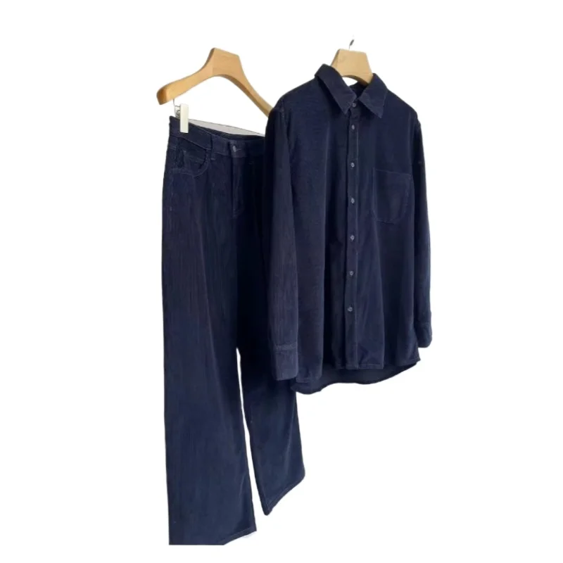 

Blue Corduroy Shirt High Waist Straight Loose Wide Leg Pants Set Two Piece Sets Womens