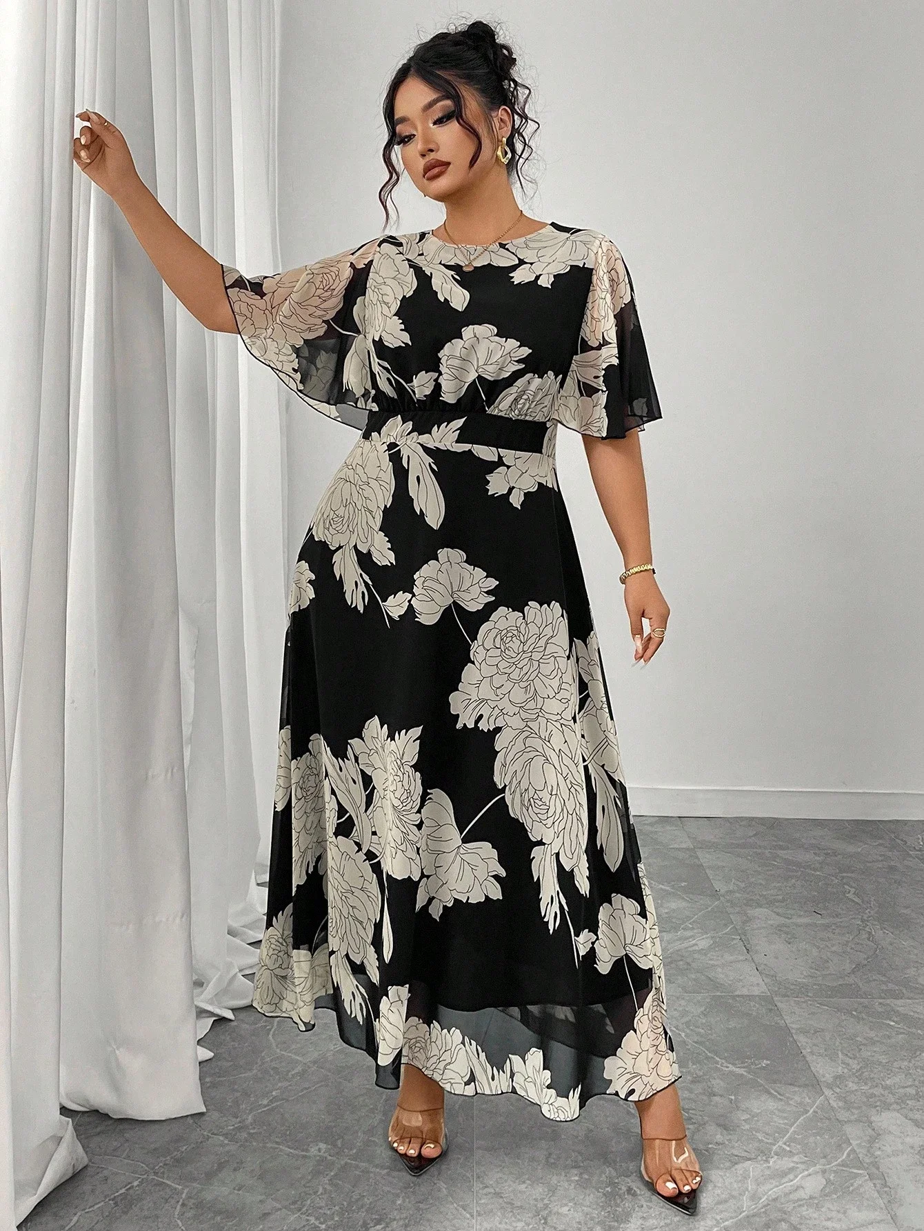 

Plus Size Women Elegant Round Neck Ruffle Flare Sleeve Flowy Maxi Chiffon Floral Dress Spring Summer