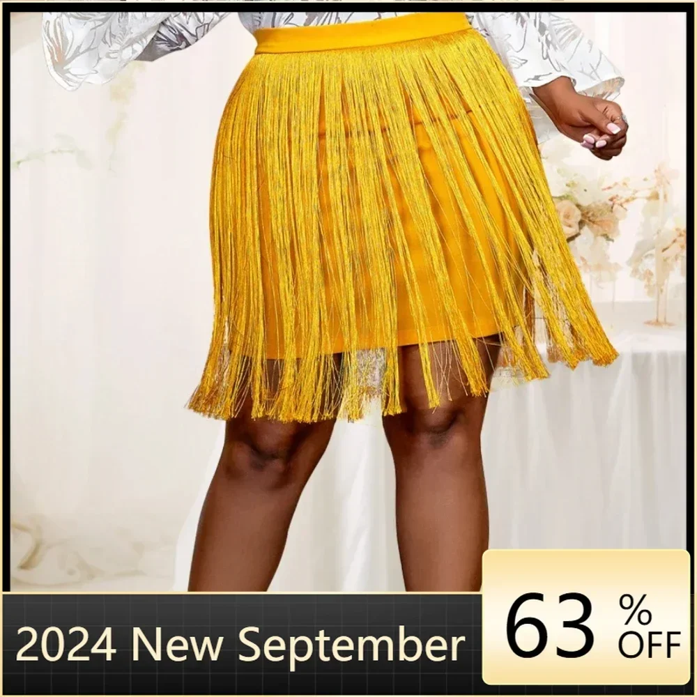 Gold Plus Size Fringe Skirts High Waist Package Hip Sexy Mini Evening Cocktail Party Hem Tassel Skirt for Women 2024 3XL 4XL