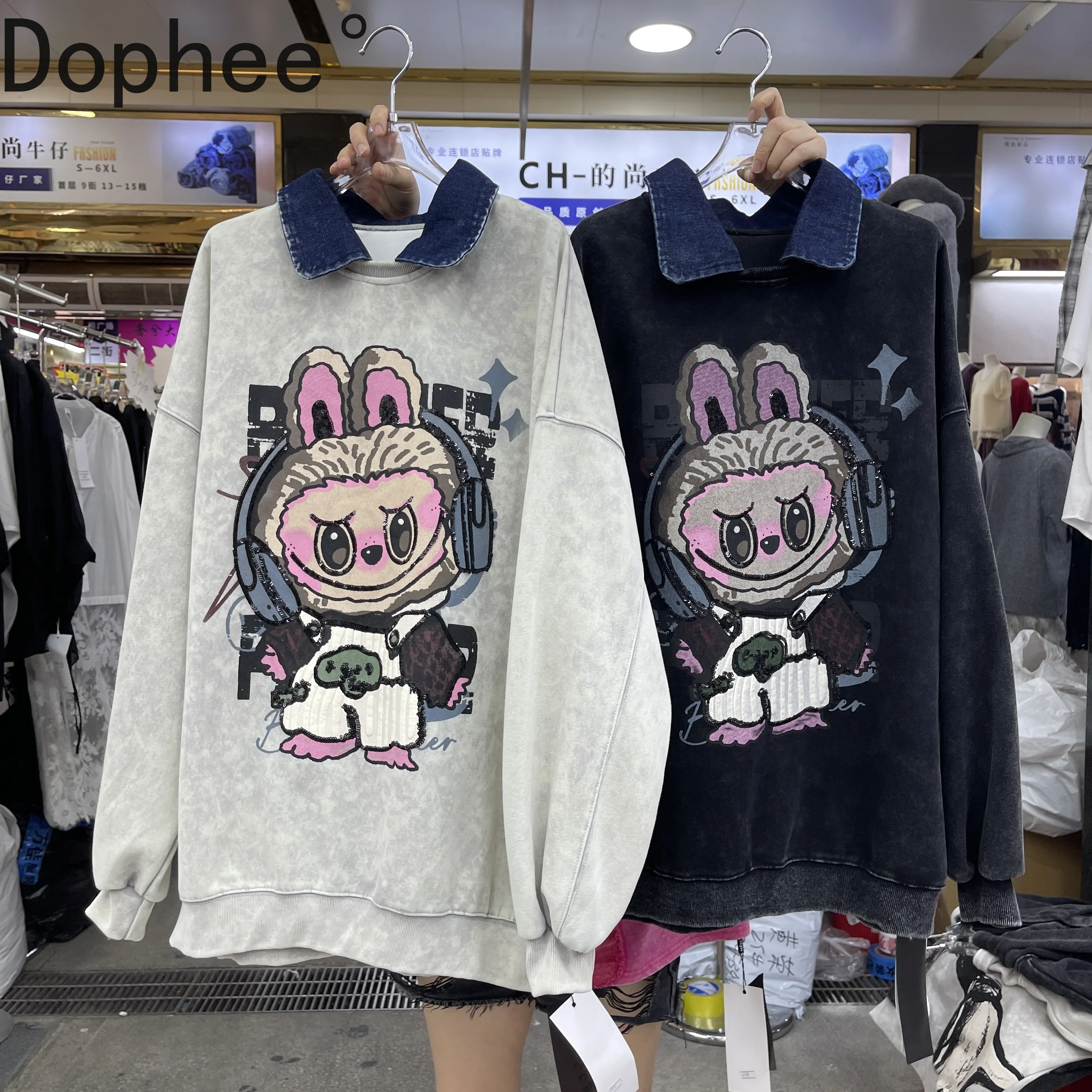 

Large Size Female Sweatshirt New Spring Autumn Faux Two-piece Turn-down Collar Pullover Top Mid-long Cartoon Long Sleeve Hoodie