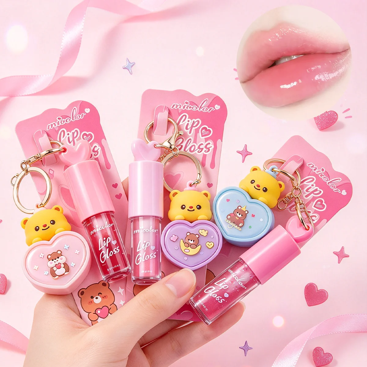 Micolor Kawaii Bear Keychain Lip Gloss Temperature Color Changing LED Light Heart Pendant Portable Lipstick