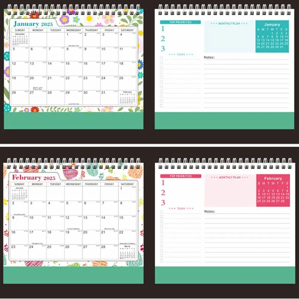 Portable January 2024-June 2025 Desk Calendar Daily Monthly English 2024 Calendar Flower Cactus Pattern Table Planner School