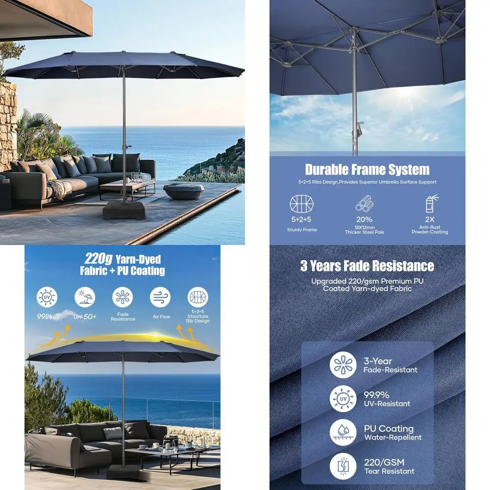 Large 15ft Patio Umbrella with Crank and Rectangle Base for Outdoor Use