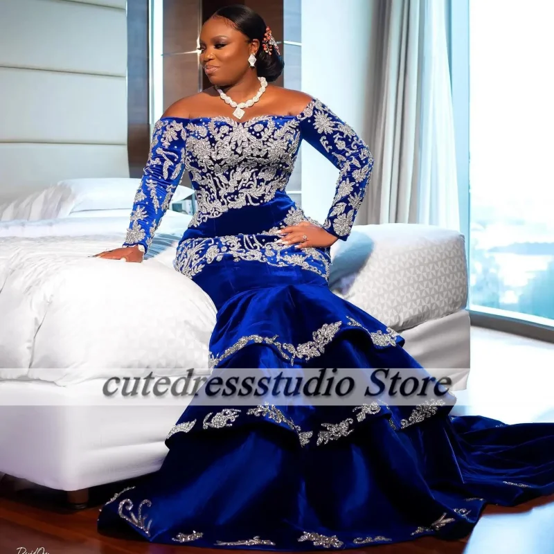 Aso Ebi-vestidos para ocasiones formales, apliques de encaje, terciopelo escalonado, Vestidos de Noche de sirena para mujer africana, manga larga, vestido de fiesta de boda