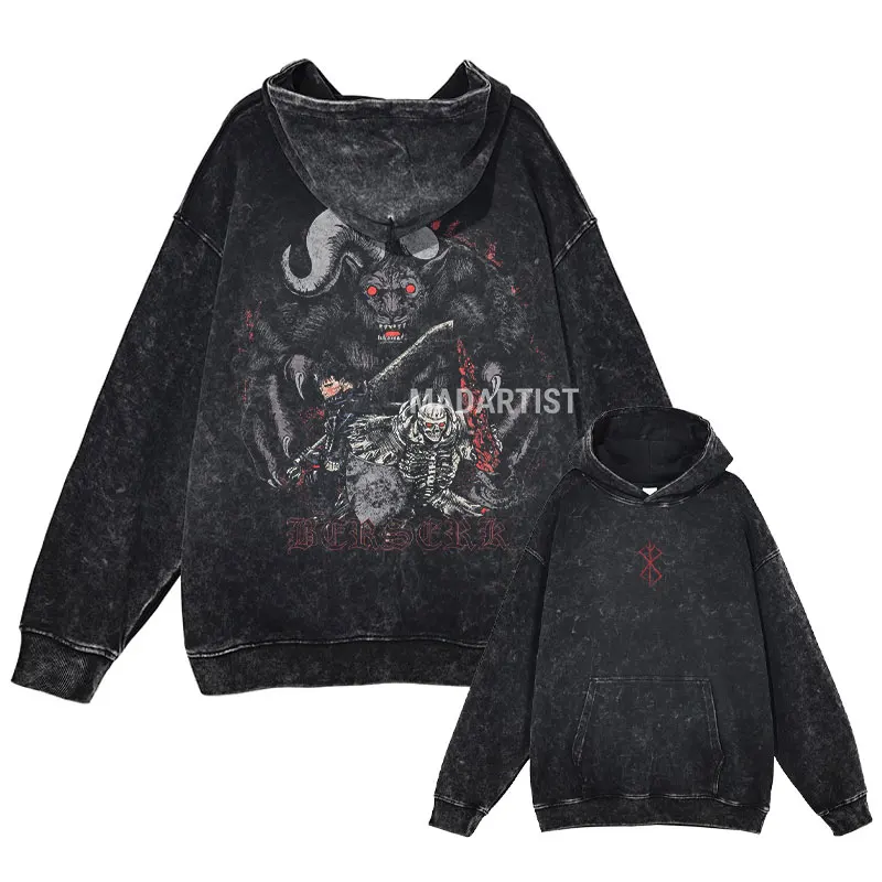 Anime Berserk Hoodies Vintage Washed Guts Griffith Hooded Sweatshirts Oversized Retro Streetwear Manga Kenpuu Denki Hoodie Men