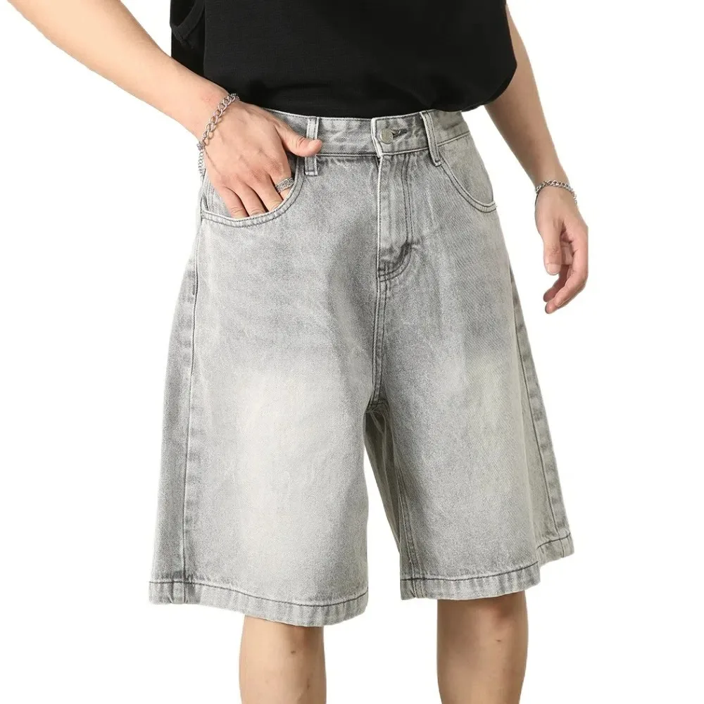 

Retro Ins Denim Shorts Men Loose High Waist Baggy Short Jeans Streetwear Trousers Denim Knee Length Pants College