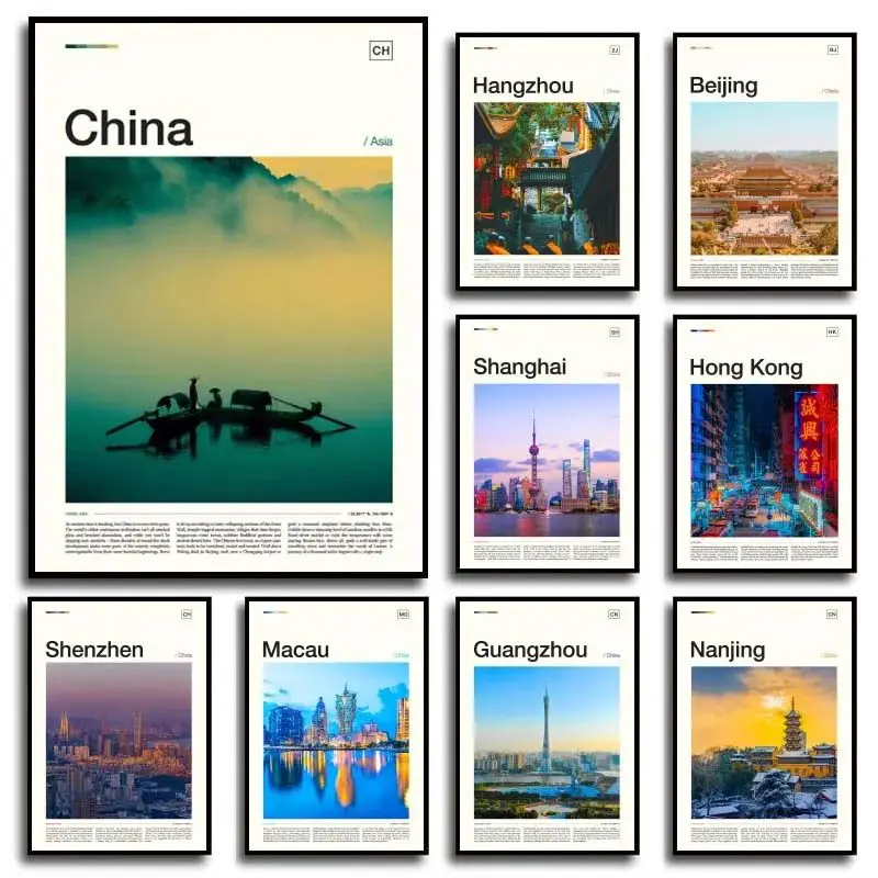 China City Landscape Beijing Shanghai Macau Minimal Hong Kong Travel Poster Asia Scenery Art Picture Wall Living Room Home Decor