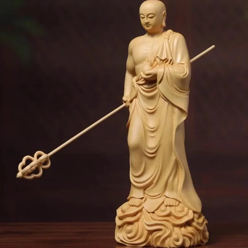 Hinoki Wood Hand Carved Ksitigarbha Dizang Bodhisattva Standing Statue Figurine w/ Staff Jewel - Spiritual Ornament Home Temple