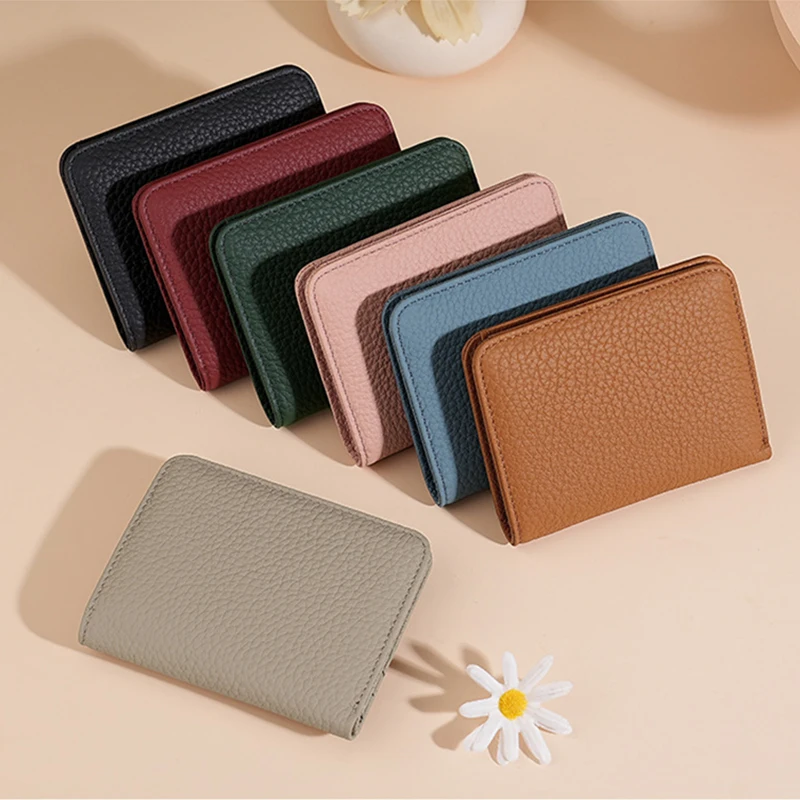 Women's RFID Genuine Leather Mini Wallet, Simple Zipper Coin Purse, Small Card Holder Money Clip for Ladies