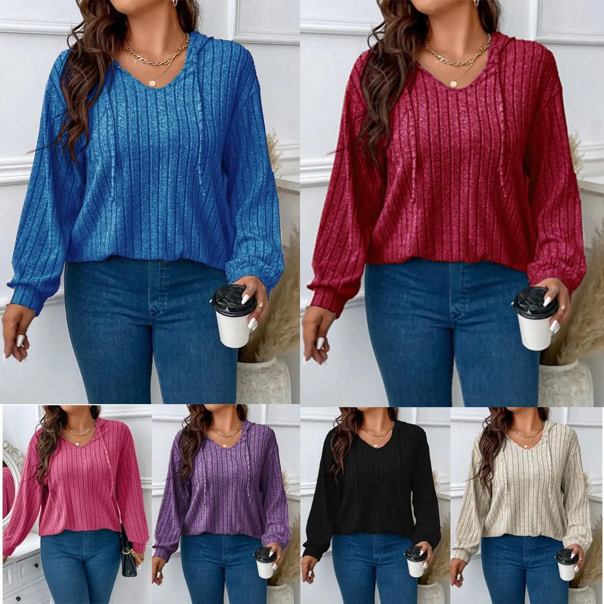 

2025 Autumn Winter New Versatile Solid Color Women Casual Hoodie Fashion V-neck Female Pit Strip Knitted Tops