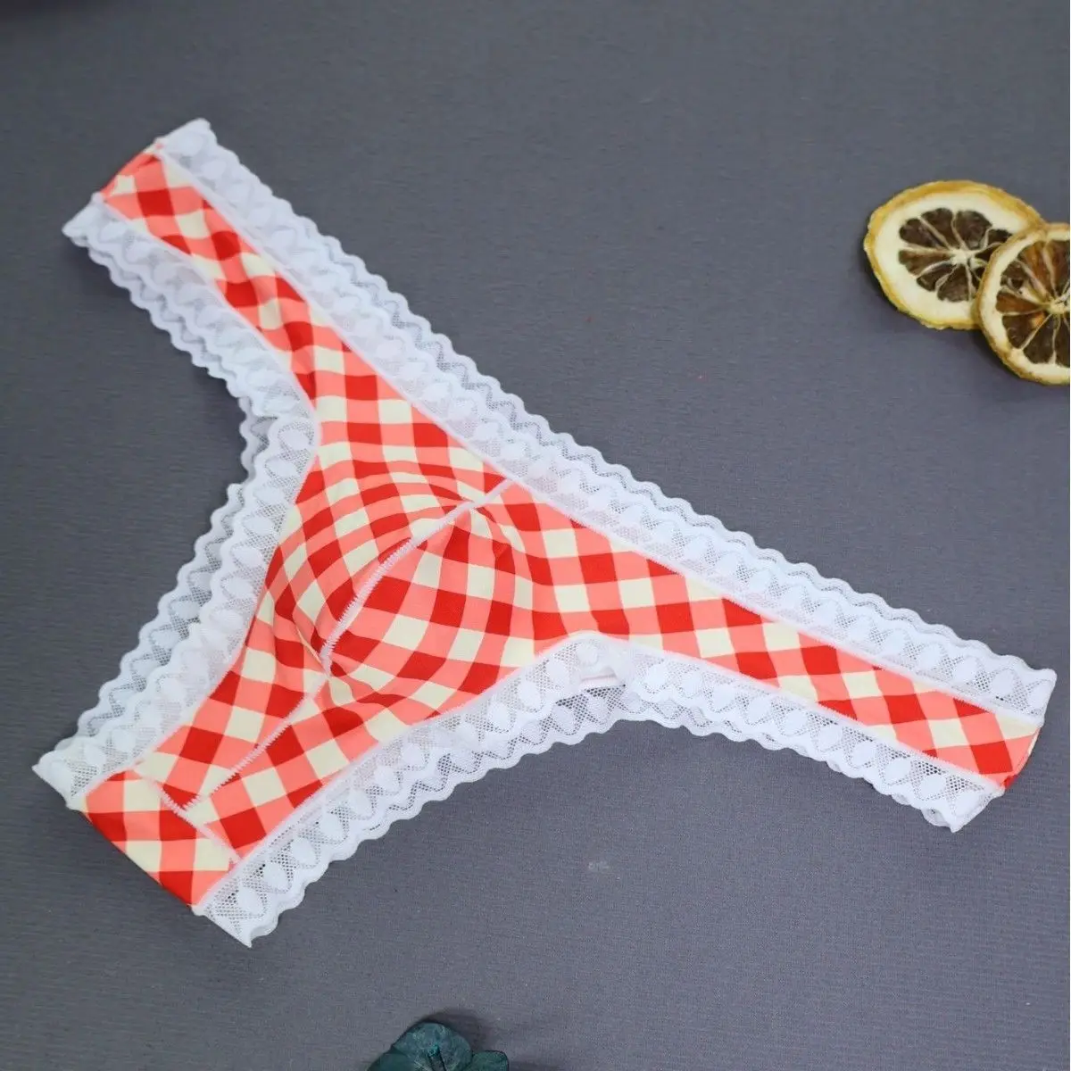 

Sexy Thong Orange Scotland Lace Hem Low Waist Plaid Floral Man's Briefs Group Private Party Live Show T-briefs Male Underwear