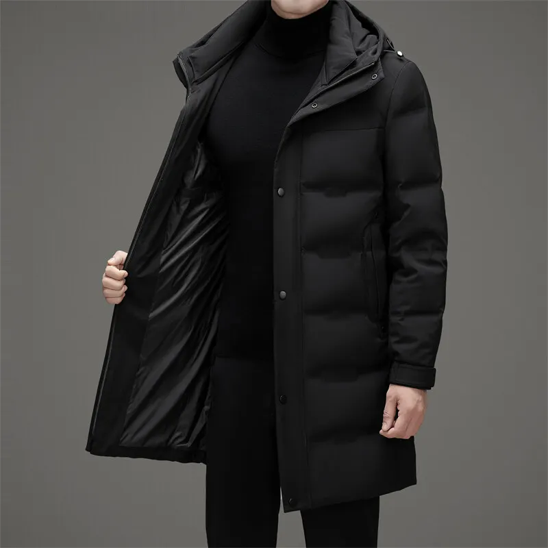 Casual Men's Mid-Length White Duck Down Jacket 2026 Winter Outwear Warm Hooded Puffer Coat Outdoor Windproof Padded Top Clothing