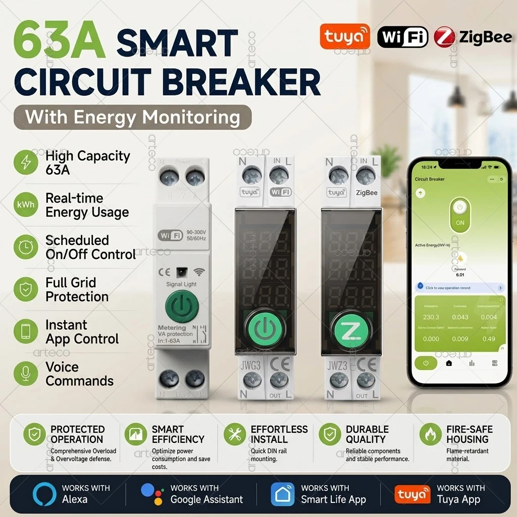 TUYA WiFi/ZigBee 63A Smart Circuit Breaker kWh Metering Monitoring Over Current Under Voltage Protection Remote Control Switch