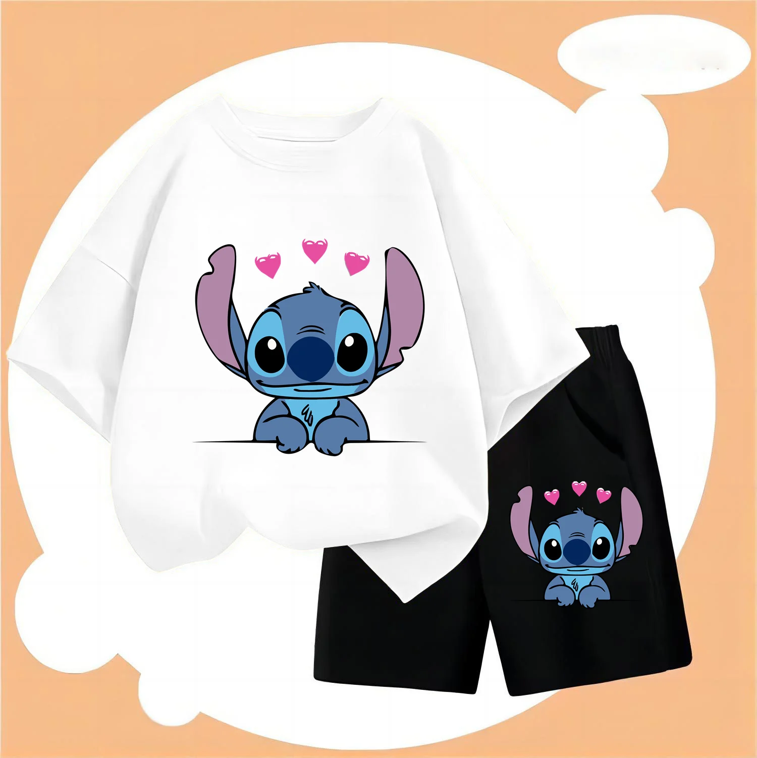 

Summer Cute Stitch Children's boy Two-piece T-shirt set Round Neck Casual Short Sleeve Girl Short sleeve shorts