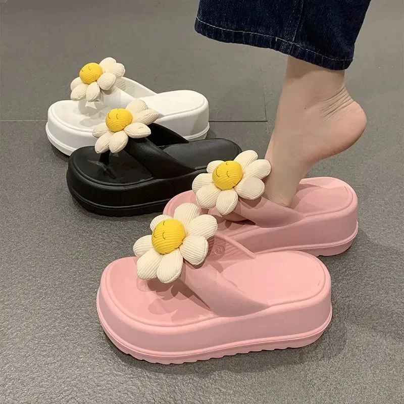 7Cm Dikke Onderkant Zomer Nieuwe Dames Visgraatpantoffels Hoge Zachte Bodem Anti-Slip Strandschoenen Mooie Grote Bloemen Thuisslippers