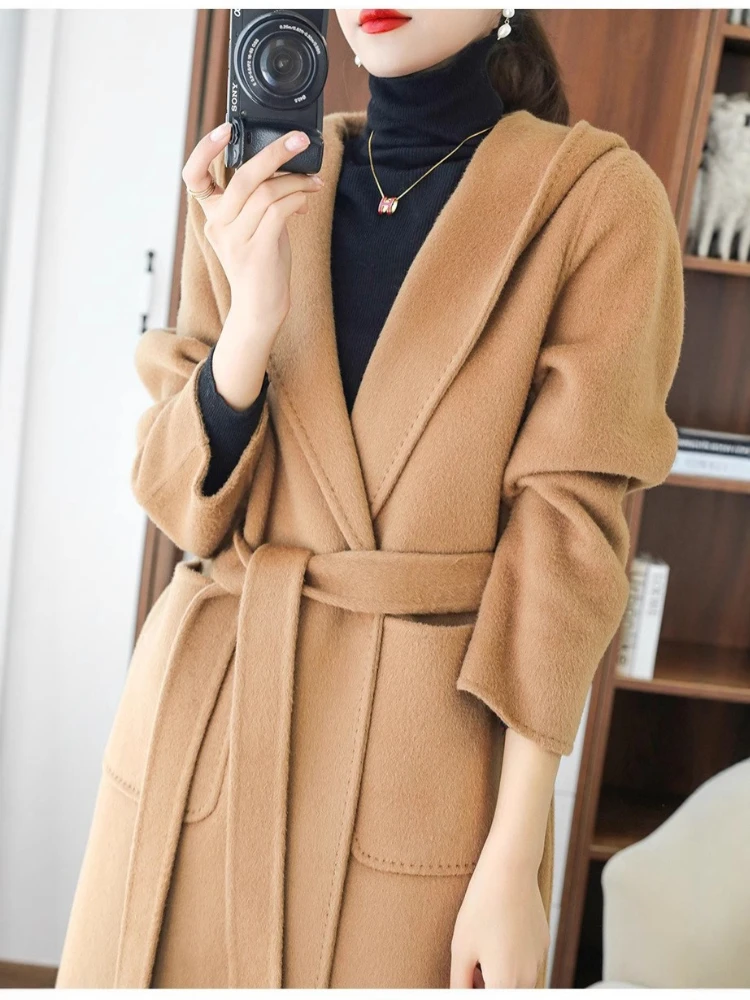 Women's Hooded Double Faced Wool Coat Autumn and Winter New Simple Solid Color Versatile Elegant Mid Length Jacket With Belt