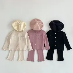 2025 Autunno Nuovo Baby Girl Vestiti a maniche lunghe Set Cardigan a costine solido + Leggings 2 pezzi Vestito di cotone Infantile Abiti da indossare a casa