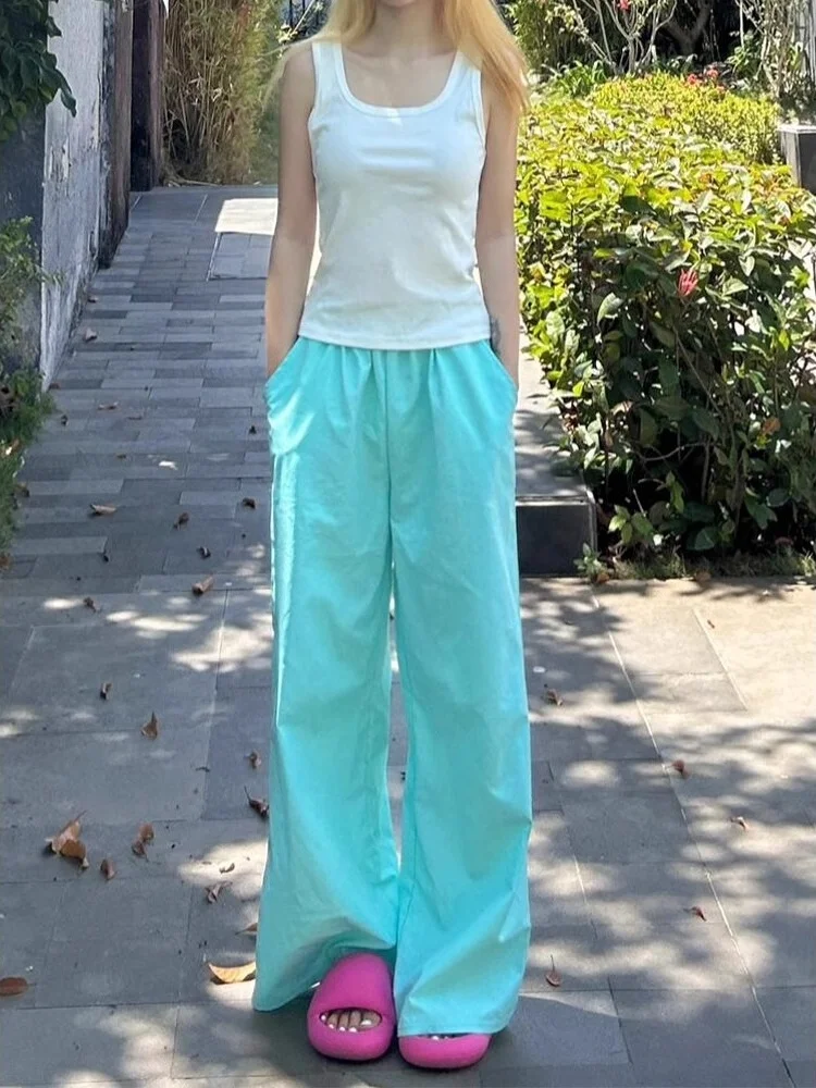 Lake Blue Ice Silk Harem Pants Women's Summer Thin American Lazy Wide Leg Casual Sun Protection Walking Multi-dopamine Pants