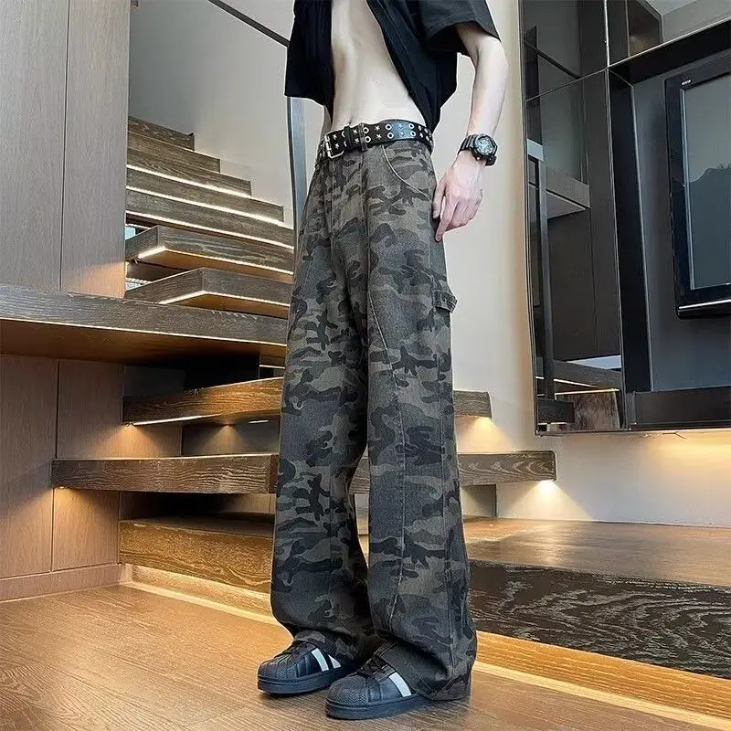 Men's Camouflage Cargo Jeans Straight Leg Baggy Pants Vintage Streetwear Y2K Casual Denim Trousers Spring Hip Hop