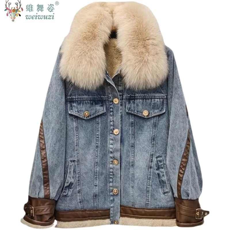 

Elegant Denim Jacket Women's Fur Collar Coat Lamb Wool Inner Layer Warm Parker Coat WinterNew Loose Casual Cowboy Outerwear Tops
