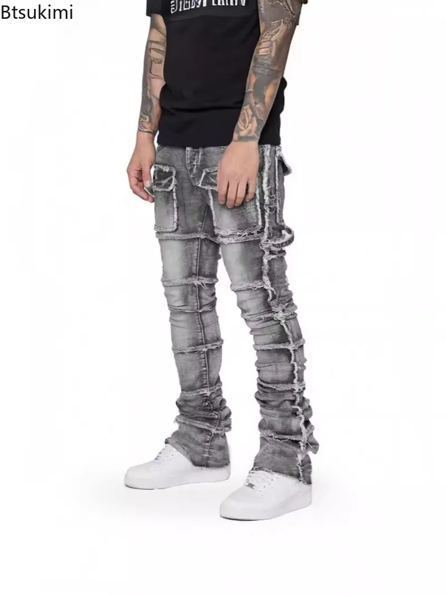 New Men's Retro Cargo Jeans Pants Stretchy Ripped Washed Cotton Y2k Pants Fashion Patchwork Straight Leg Denim Trousers for Men