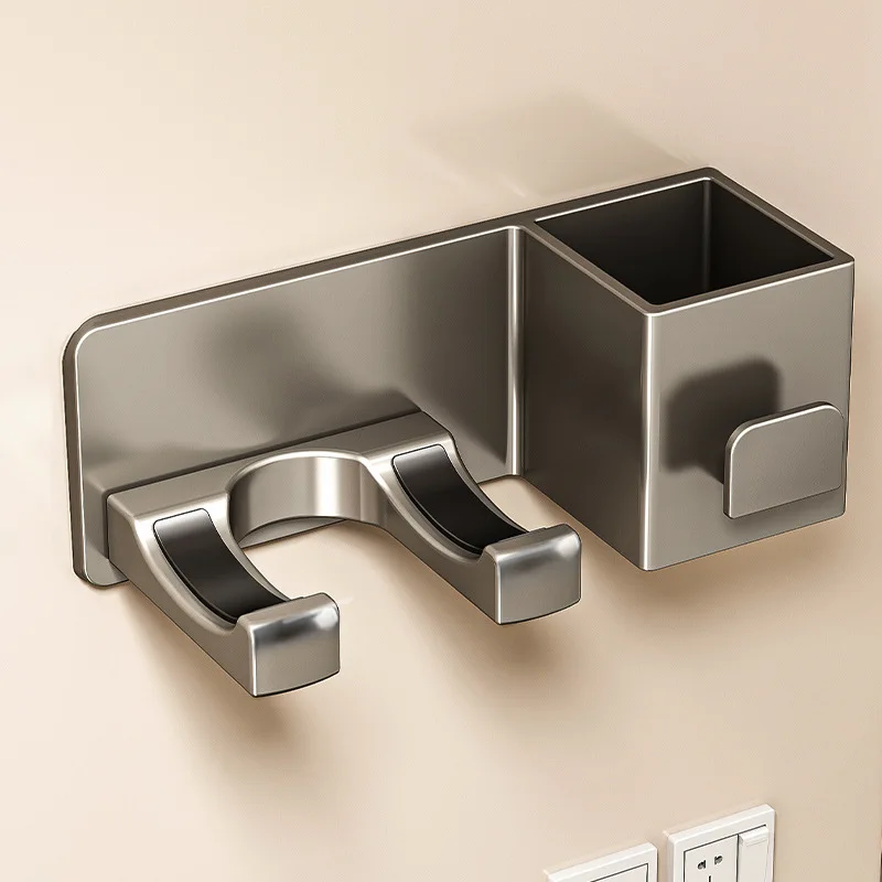 Space Aluminum Hair Dryer Holder No Drill Wall Mount Rack Bathroom Wall Storage Organizer