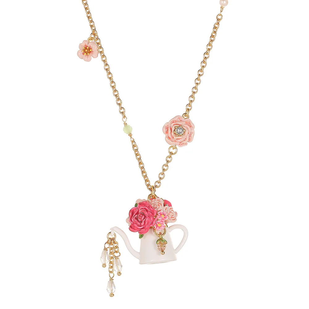 Arlea Fashionable & Sweet Enamel Rose Flower White Teapot Tassel Pendant Necklace Light Luxury High Sense Clavicle Chain Jewelry