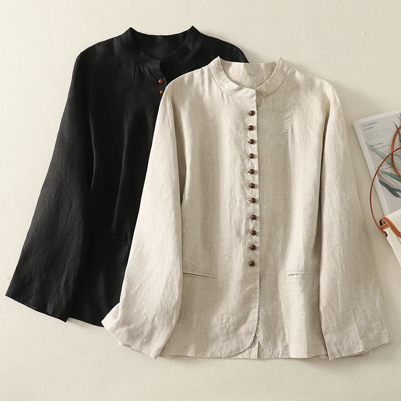 

New Chinese Sle Ultra Slimming Large Size Linen Long Sve Stand Collar irt Cardigan Outerwear Thin Cardigan Traditional...