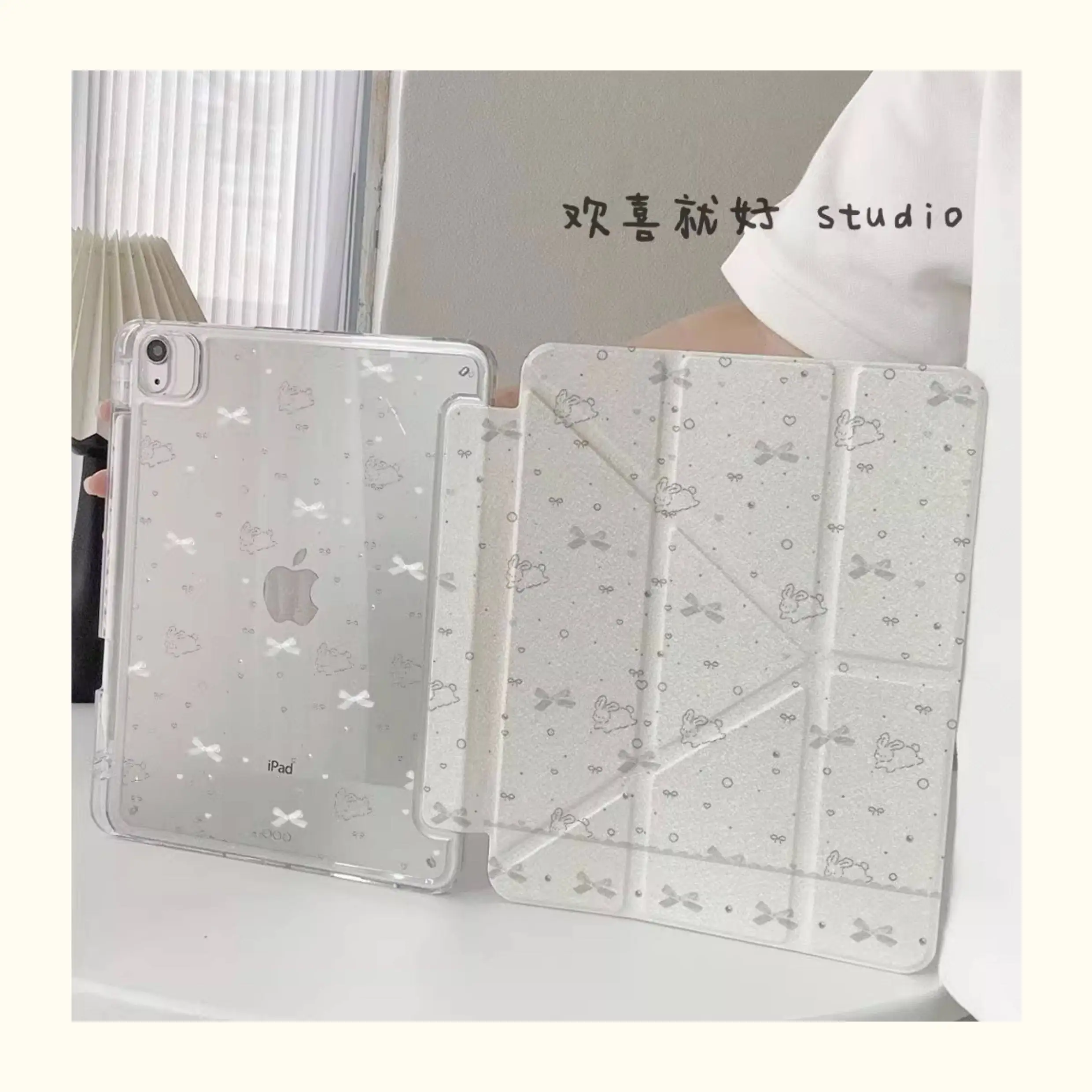 

Чехол для iPad с мультяшным кроликом и пузырьками, для iPad Pro 11, Air 7/6/10/10.9"/9/10.2, Mini 7/6, жесткий чехол с защитой от изгиба, Y-образным складыванием и слотом для стилуса