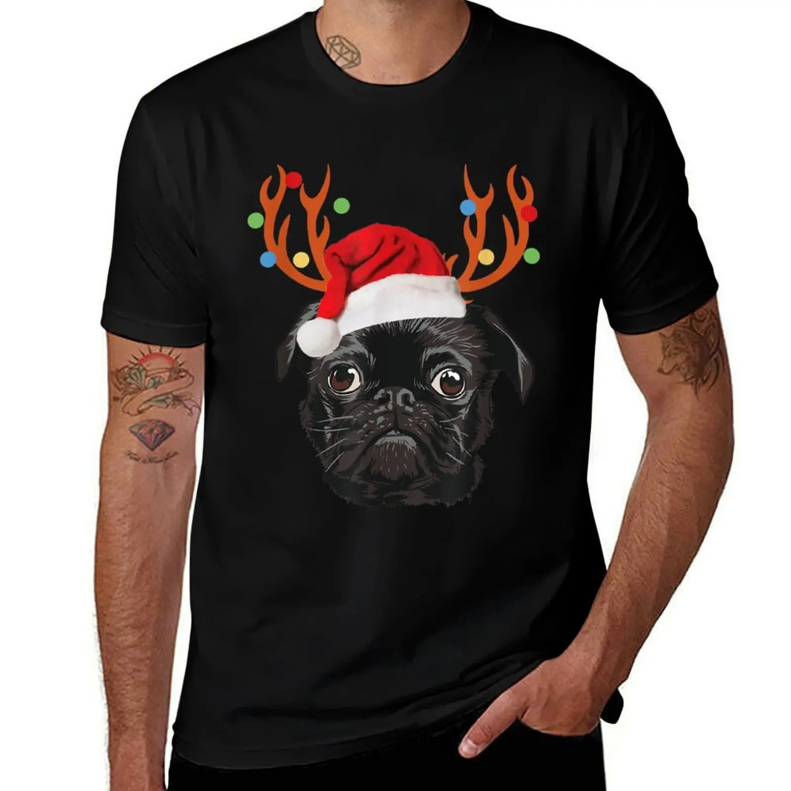 

Black Pug Santa Christmas Reindeer Christmas Lights Pajama T-Shirt t shirts for man pack cotton cotton t shirts man 100% T-Shirt