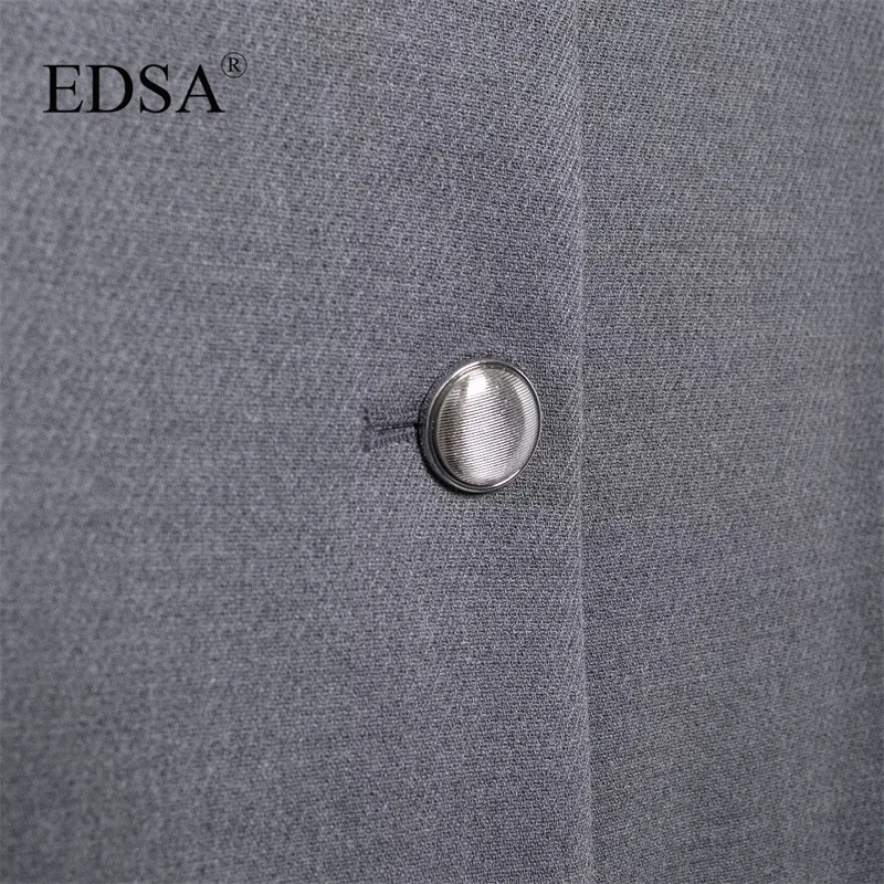 EDSA Women Casual Grey Blazer with Metal Button Single Breasted Flap Pockets Long Sleeves Solid Color Jacket Coat