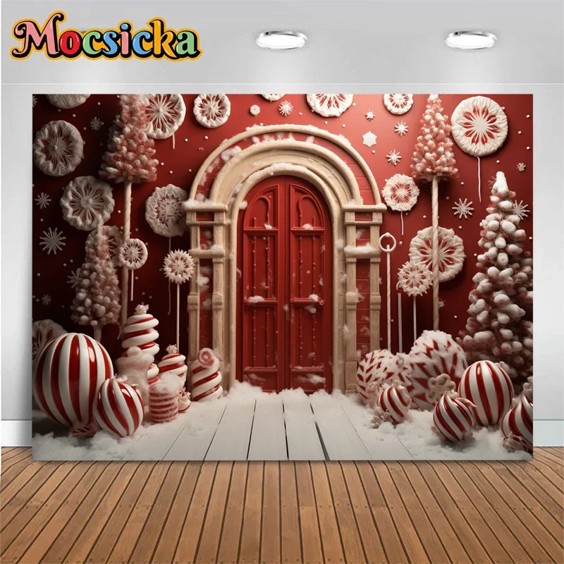 عيد الميلاد الباب الأحمر خلفية للتصوير الدعائم ندفة الثلج الحلوى الحلوى جدار شجرة فتاة صورة خلفية الديكور فوتوزون