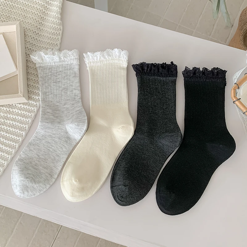 Damensocken, lang, neue Spitze, Rüschen, einfarbig, koreanische Mode, Crew-Socken, lässig, atmungsaktiv, tägliche Socken, süß, einfach, kreativ