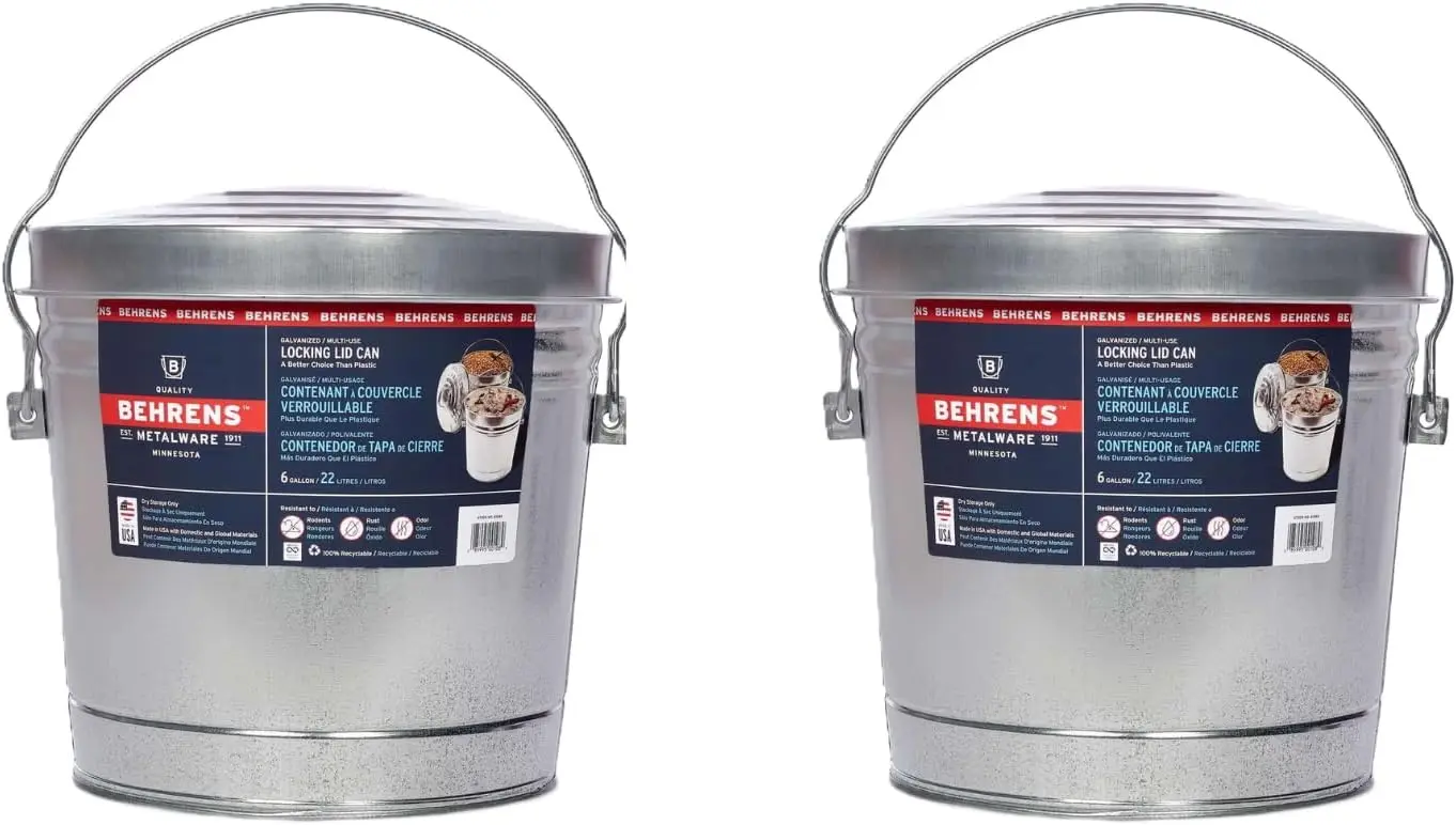 

6 Gallon Galvanized Steel Waste Bin with Locking Lid & Handle (2-Pack, No Grip)