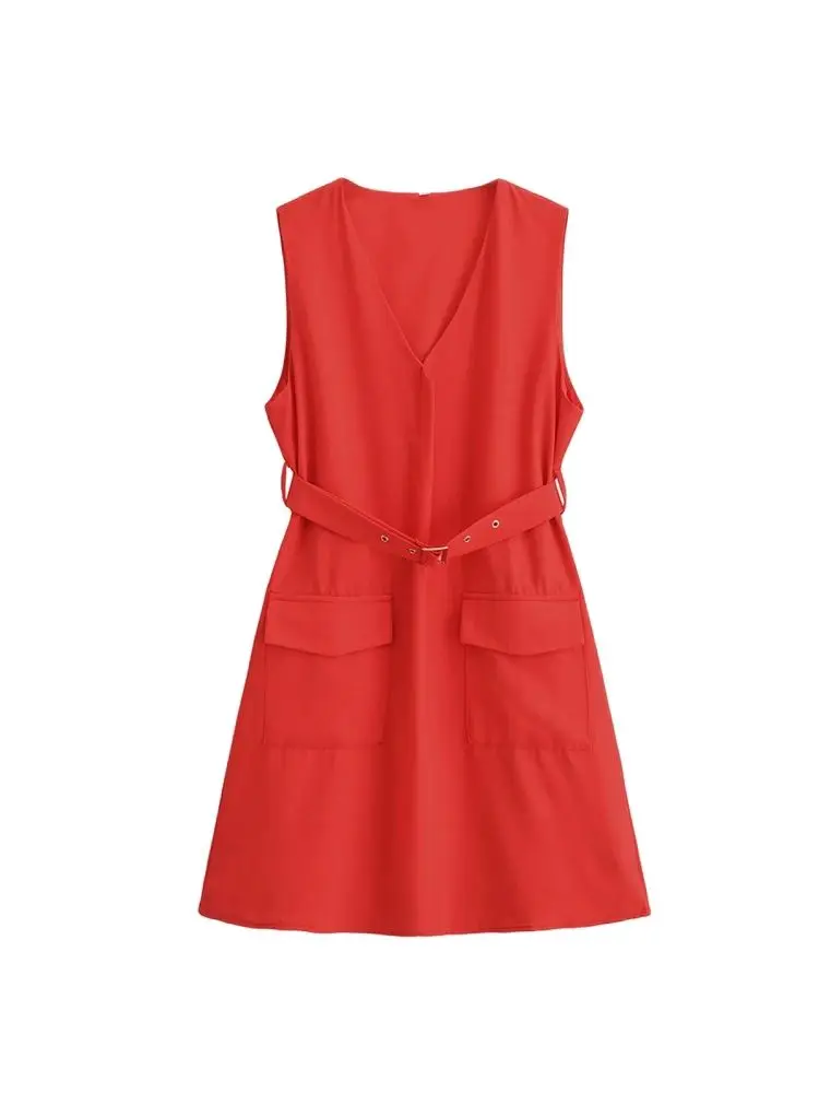 Minivestido sem mangas com decote em V para mulheres, bolsos de remendo, vestidos femininos, moda chique