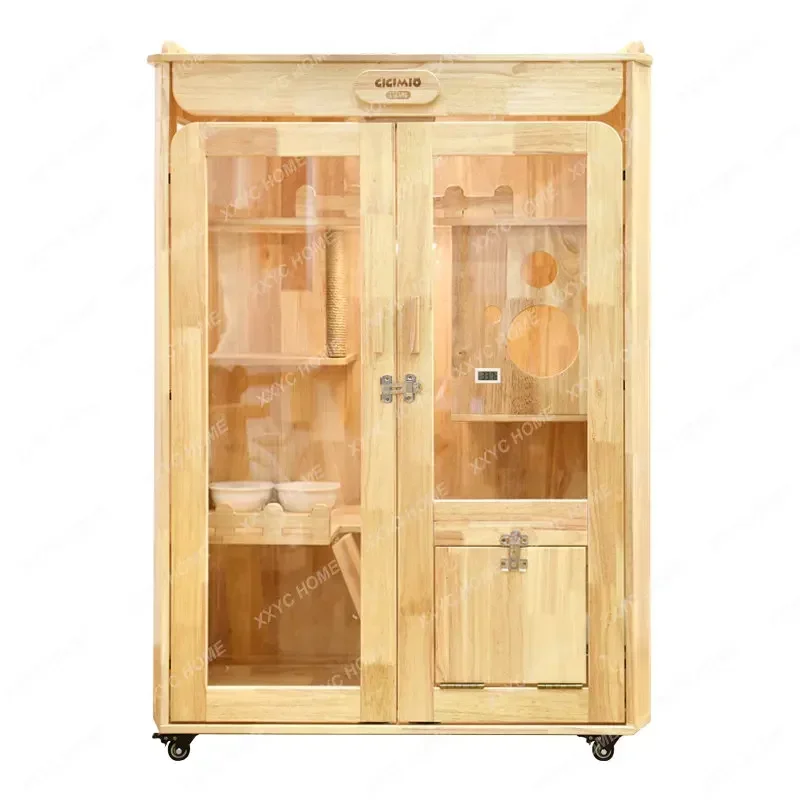 Solid Wood Cage Extra Large Free Space Cattery House Household Two-Layer Dogs and Cats Cabinet with Toilet