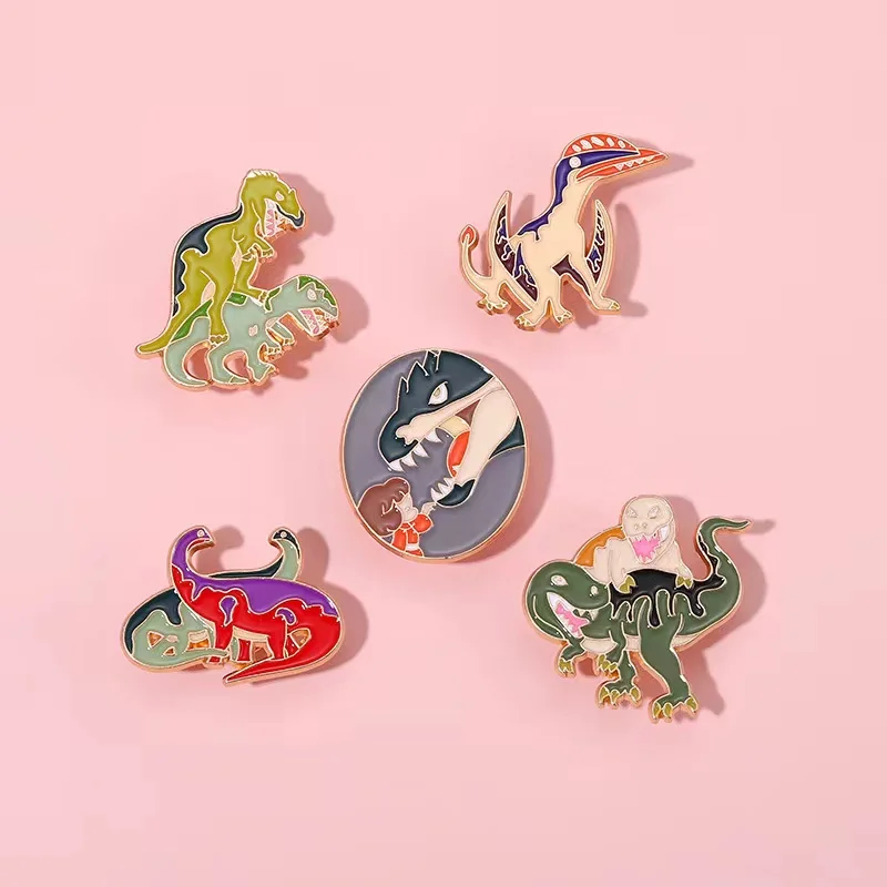 Wholesale Dino Fight Enamel Pins Custom T-Rex Dinosaurs Brooches Lapel Badges Backpack Creative Animal Jewelry Gift for Friends