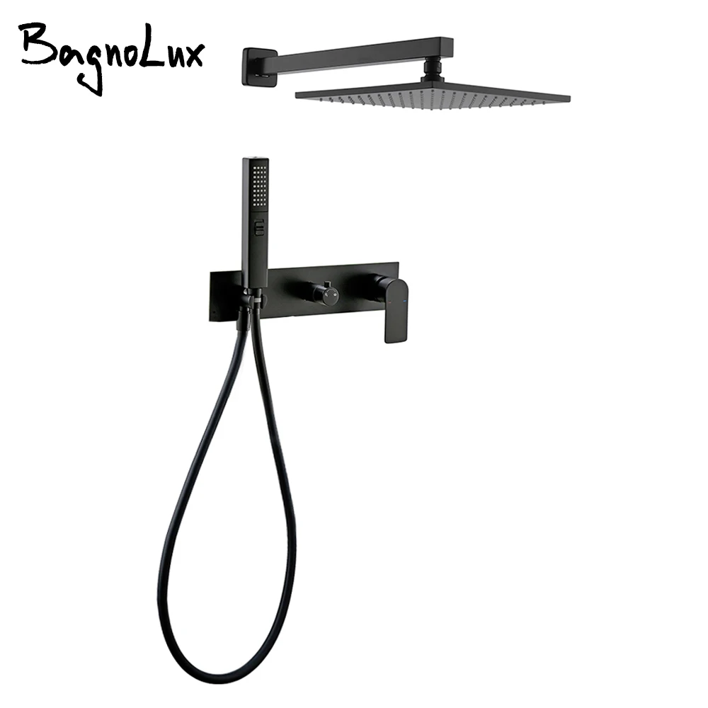 Matte Black Shower System Wall Mounted Double Handle Hot And Cold Concealed Water Tap Bathroom Set Faucet Bagnolux Brass