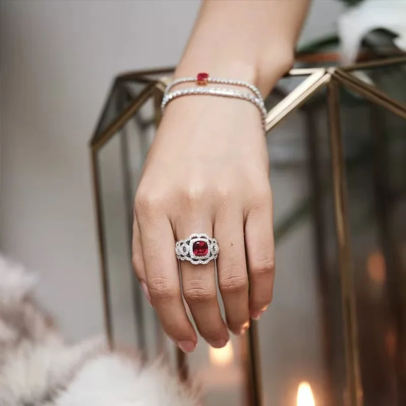 Niche Design S925 Silver Heavy Industry Hollow Full Diamond Square Ruby Lady's Temperament Ring