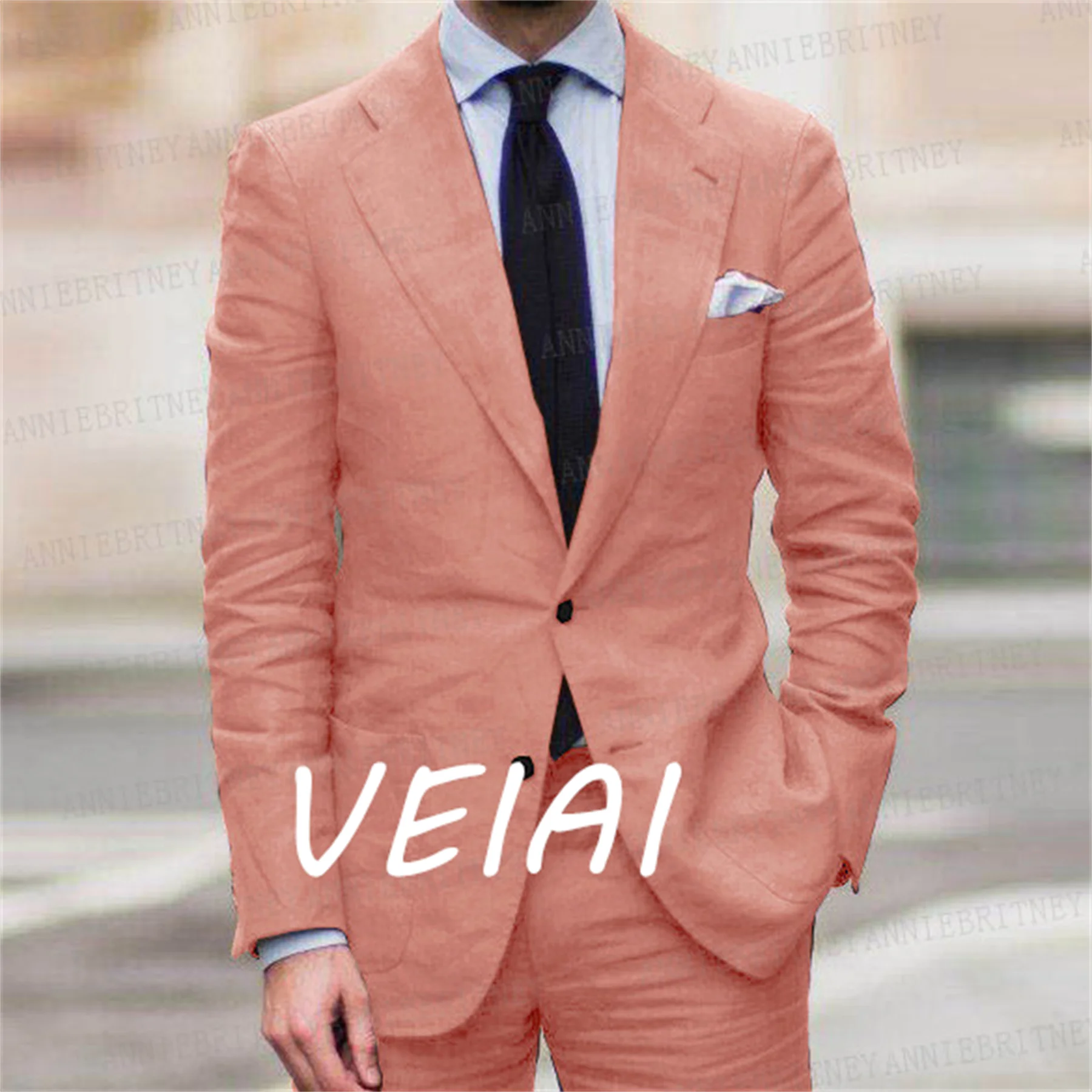 

CustomizedCasual Linen Men's Suits for Summer Beach Wedding 2 Pieces Italian Blazer Set Jacket Pants Bespoke Groom Tuxedos Male