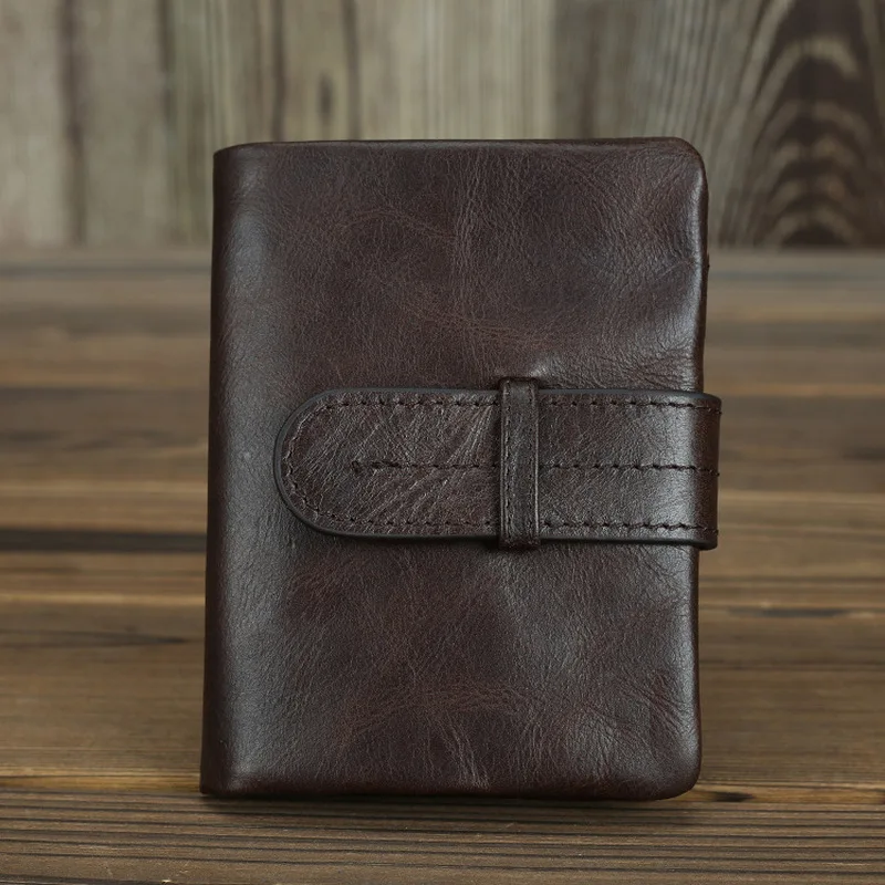 Vintage Genuine Leather Men Short Wallet Male Wallets Cowhide Purse Coin Pocket Zipper Soft Oil Wax Leather Casual Card Pack