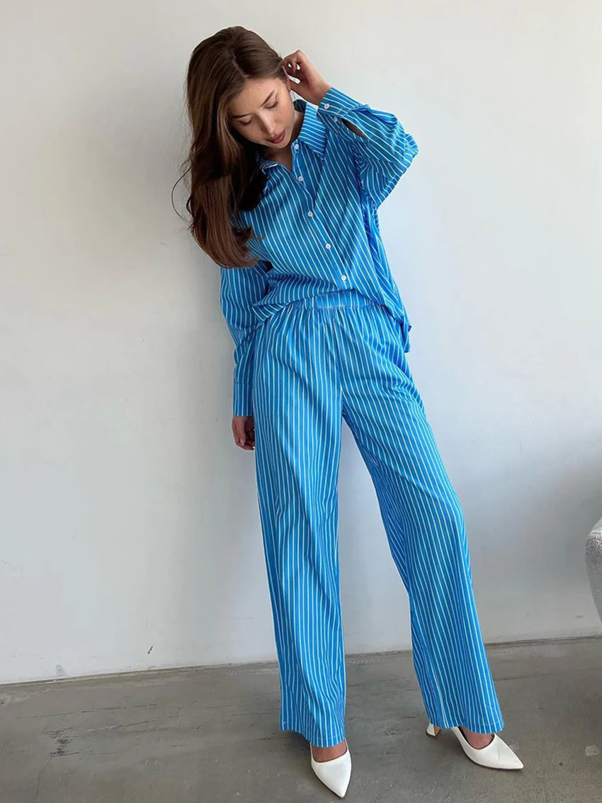 Marthaqiqi Blue Striped Ladies Pajamas Suit Long Sleeve Nightgowns Turn-Down Collar Sleepwear Pants Fashion Female Nightwear Set