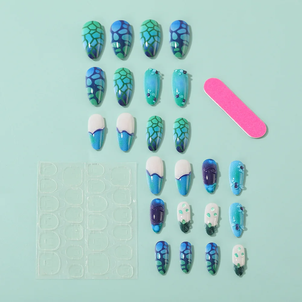 3D fake nails for women girls gradient green blue color flowers ocean bubble for Spring summer full cover press on false nail