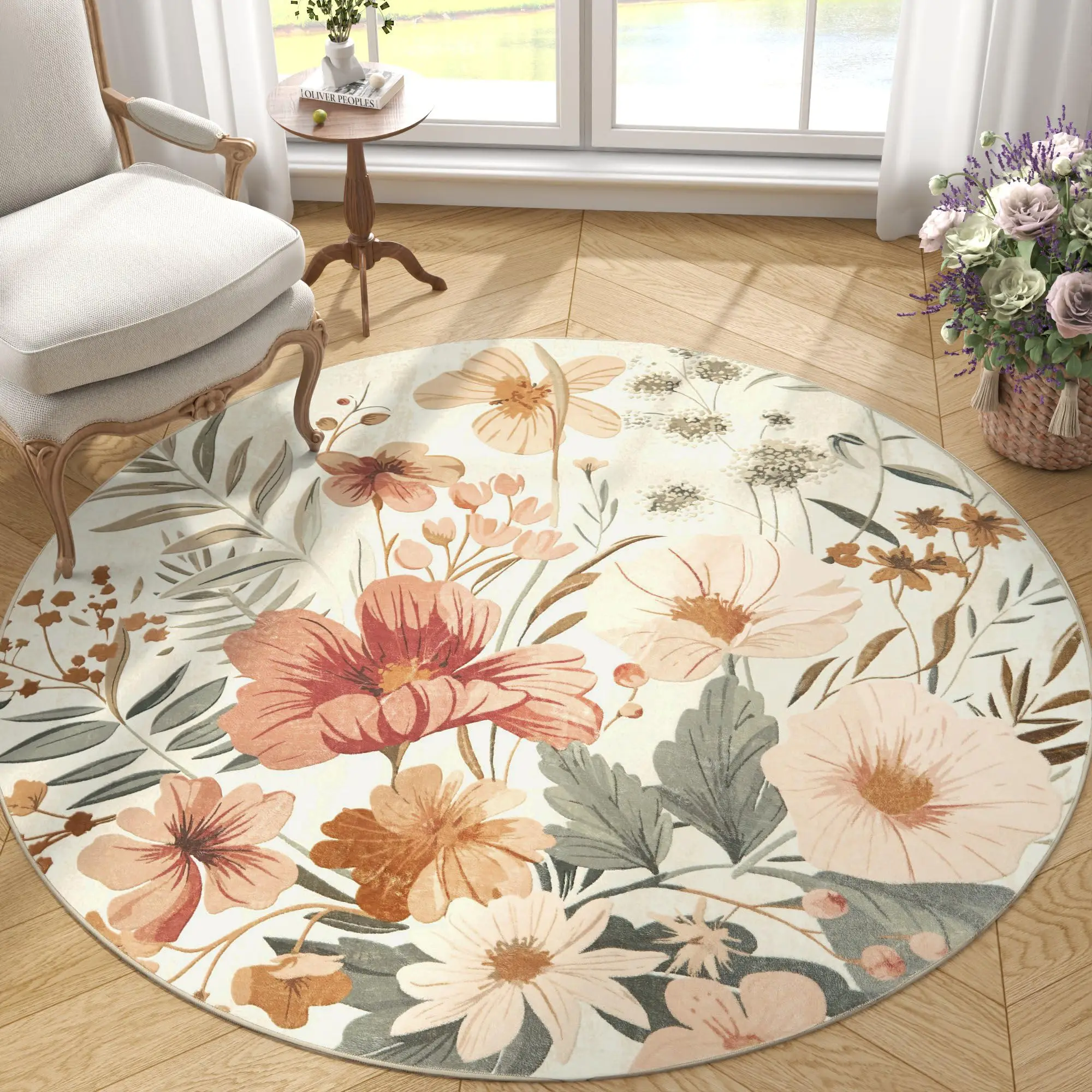 

Floral Round Rug Spring Summer Area Rug Indoor Round Washable Modern Flower Print Non Slip Carpet for Living Room