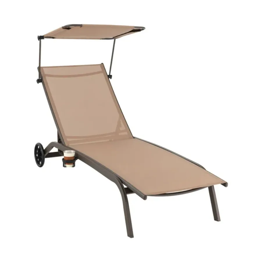 

Patio Heavy-Duty Adjustable Chaise Lounge Chair with Canopy Cup holder and Wheels