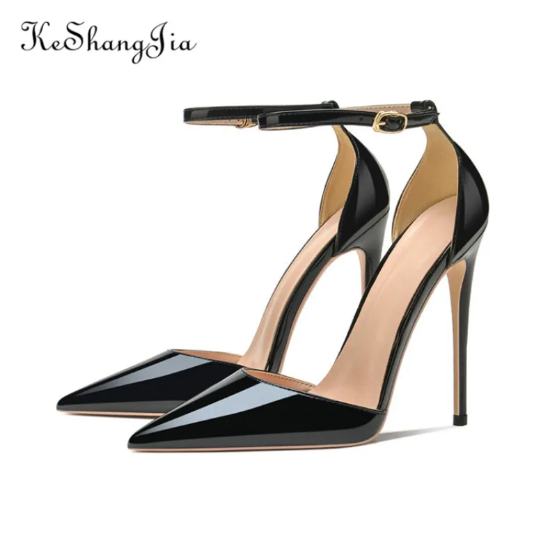 Keshangjia Patent Leather Women Ankle Strap Stiletto Pumps Pointed Toe Sexy High Heel Shoes 8cm 10cm 12cm Customize 33-46